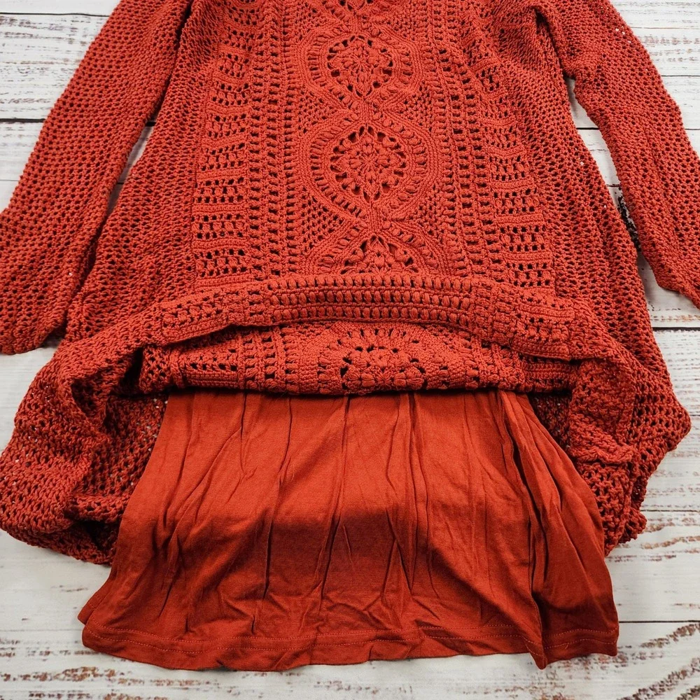 Free People Rosalind Crochet Mini Dress SP Small Petite‎ Orange Boho Bell Sleeve